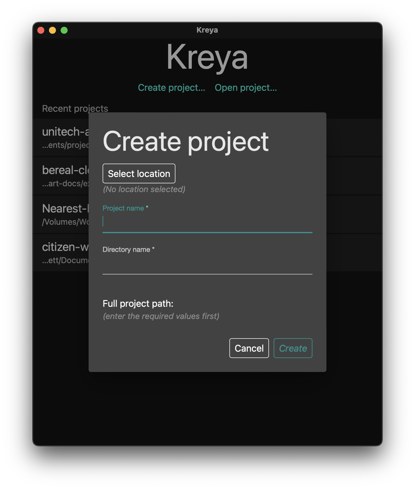 Kreya Create Project Page